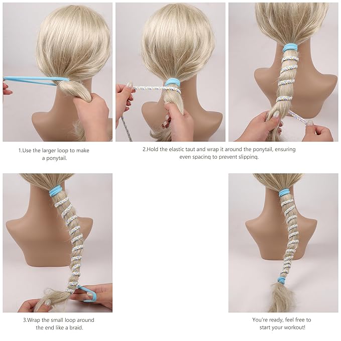 Sport Hair Ties for Women - 4 Pony Tails Elastic Ties for Gym & Swimming - 30 Inch Length