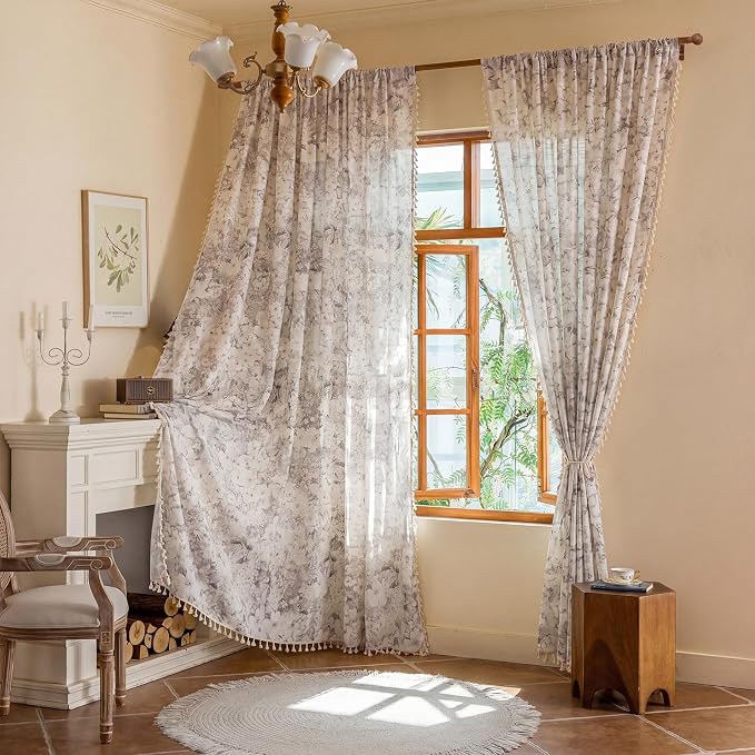 Floral Semi Sheer Rod Pocket 63 Inch Curtains 2 Panel Set - Image 4