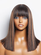 LUVME HAIR 14 Inch Yaki Straight Bob Wig with Bangs Human Hair Glueless HD Lace Bob Wig with Brown Highlights, Ready to Go Short Wigs For Women 180 Density Breathable Cap