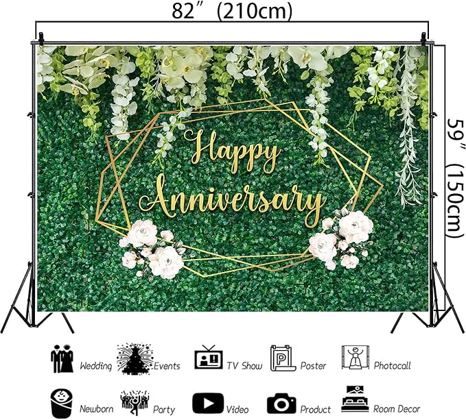 Happy Anniversary Banner Backdrop Decorations 7x5Ft | Green Leaves Wall Wedding - Image 5
