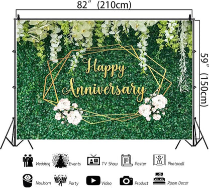 Happy Anniversary Banner Backdrop Decorations 7x5Ft | Green Leaves Wall Wedding - Image 5