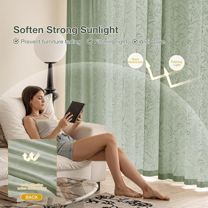 Anmao Sage Green Semi Sheer Light Filtering Curtains 54 Inches Long 2 Panels - Image 6