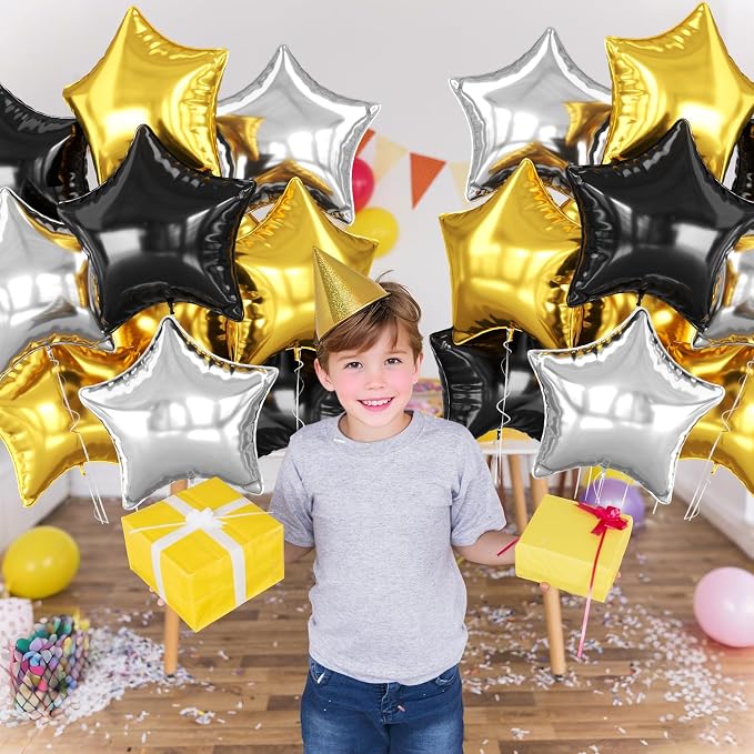 Black Gold Silver Star Foil Balloons, 18 Inch Metallic Black and Gold Stars - Image 4