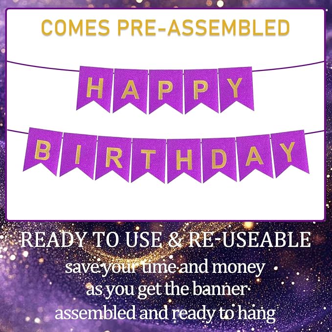 Purple Happy Birthday Banner - 16 ft Pre-Strung Gold Purple Birthday Party - Image 3