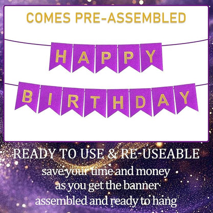 Purple Happy Birthday Banner - 16 ft Pre-Strung Gold Purple Birthday Party - Image 3