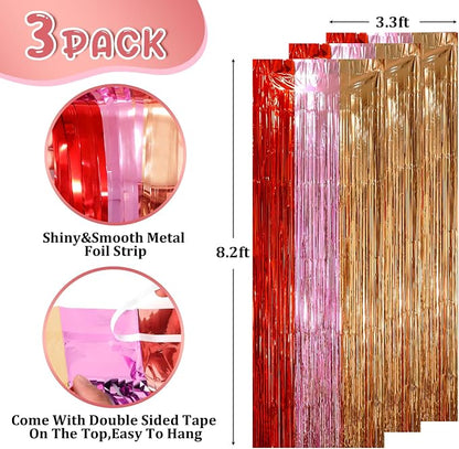 Voircoloria 3 Pack 3.3 x 8.2 ft Valentine Foil Fringe Backdrop Curtains - Image 2