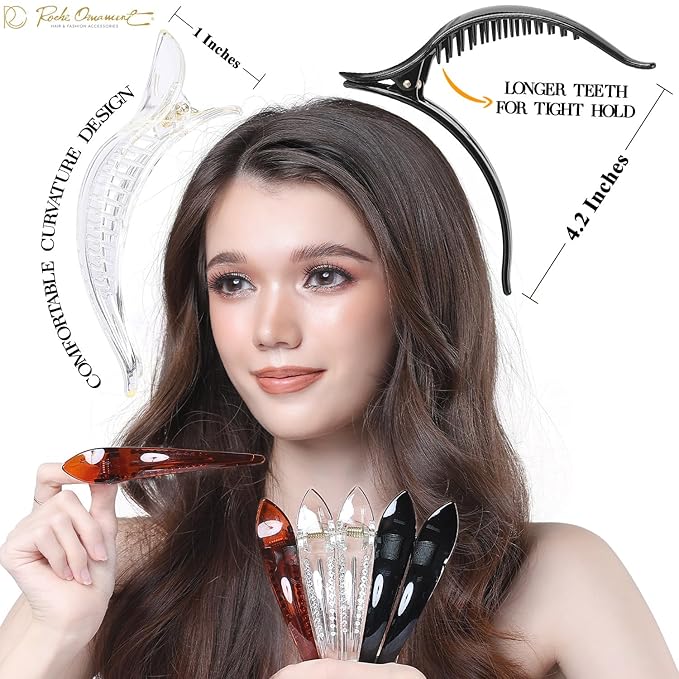 RC ROCHE 6 Pcs Duck Bill Alligator Hair Clips for Women Sectioning Flat Claw Long Thick Hair Inner Teeth Curved Styling Jaw Strong Secure Grip Salon, Large Black, Brown, Clear