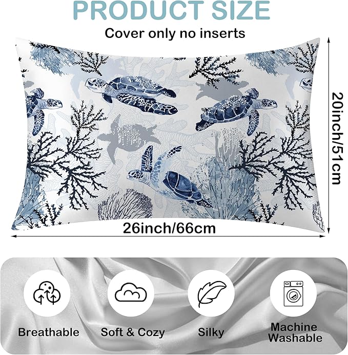 Satin Pillowcase 1 Pack-Nautical Turtle and Corals Silky Pillow Cover for Hair and Skin,Standard Size 20x26 Inch Soft Cooling Printed Pillow Cases with Hidden Zipper,Gifts for Women Men