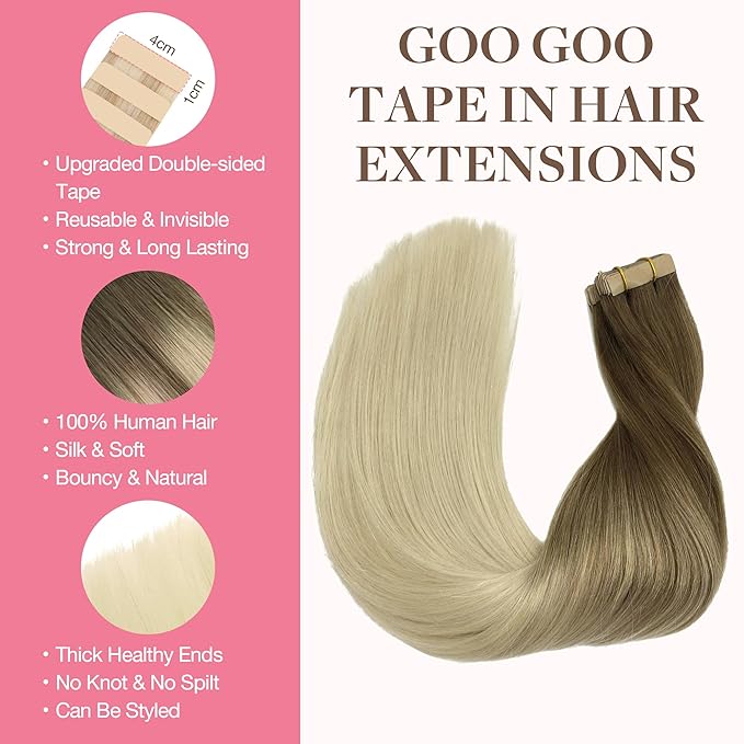 GOO GOO Tape in Hair Extensions Human Hair, 9/60 Balayage Ash Brown to Platinum Blonde, 22inch 50g 20pcs, Skin Weft Seamless Invisible, Silky Straight with Thick Ends, Remy Human Hair