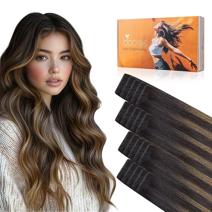 DOORES Seamless Tape in Human Hair Extensions Invisi Edge, Dark Brown to Chestnut Brown 10 Injection Tape-ins with 10 Injection Tape-ins 50g 20 Inch, Injected Tape in Extensions