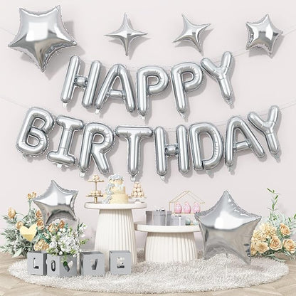 Silver Happy Birthday Balloon Banner, 16 Inch Mylar Foil Letter Balloons by Togvu