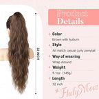 Flufymooz Ponytail Extension, Flexible Wrap Around Ponytail Extension Long Wavy Curly Ponytail Hair Extensions Natural pony tail Synthetic Hairpiece for Women 32 Inch (Brown with Auburn)