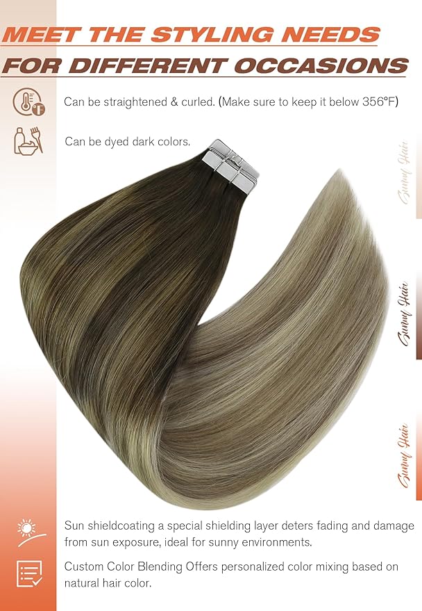 Sunny Hair Tape in Hair Extensions Human Hair Brown Balayage Blonde Tape in Extensions 24 Inch Real Hair Extensions Tape in 20Pcs 50g