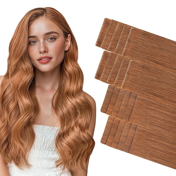 GOO GOO Invisi Edge Tape in Hair Extensions Human Hair, 330 Cinnamon Terra Copper 10pcs injected with 10pcs classical tape ins, 14inch 50g, Virgin Remy Hair, Natural Look
