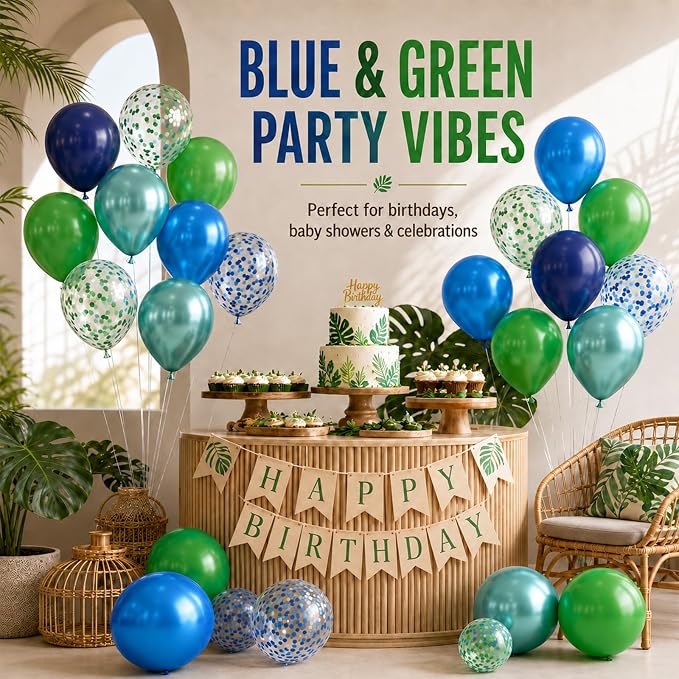 Blue and Green Balloon Set, 12 Inch Navy Blue Dark Green Balloons Metallic - Image 6
