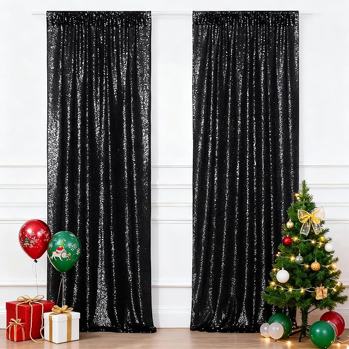 Eternal Beauty Black Sequin Backdrop Curtains, 2 Panels 2x8FT | 3mm Sparkle - Image 2