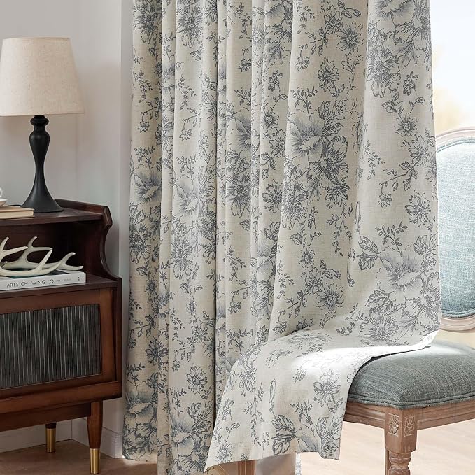 jinchan Grey Floral Linen Blackout Curtains Lined 90 Inch Back Tab 2 Panels | - Image 8