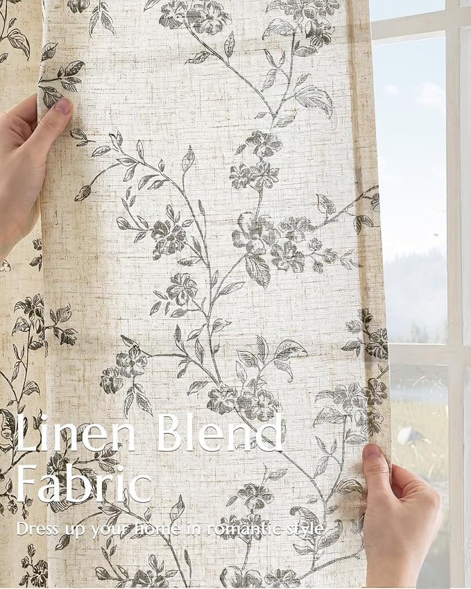 jinchan Black Floral Linen Curtains 96 Inch Farmhouse Back Tab 2 Panels | - Image 3