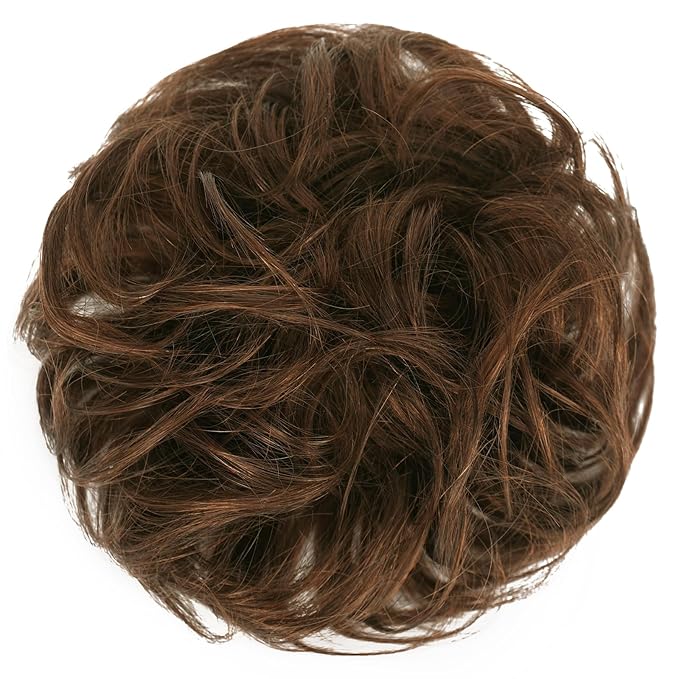 FESHFEN Human Messy Buns - 100% Human Hair Bun Real Scrunchies Hair Pieces Ponytail Extensions Wavy Tousled Updo Chignon Hairpieces for Women，Chocolate Light Brown