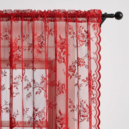 Red Lace Curtains 63 Inch Length 2 Panels Set - Image 4