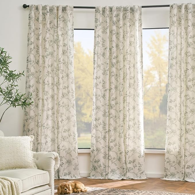 Grey Floral Linen Lined Curtains Rod Pocket 50W X 84L 2 Panels | Charlotte - Image 7