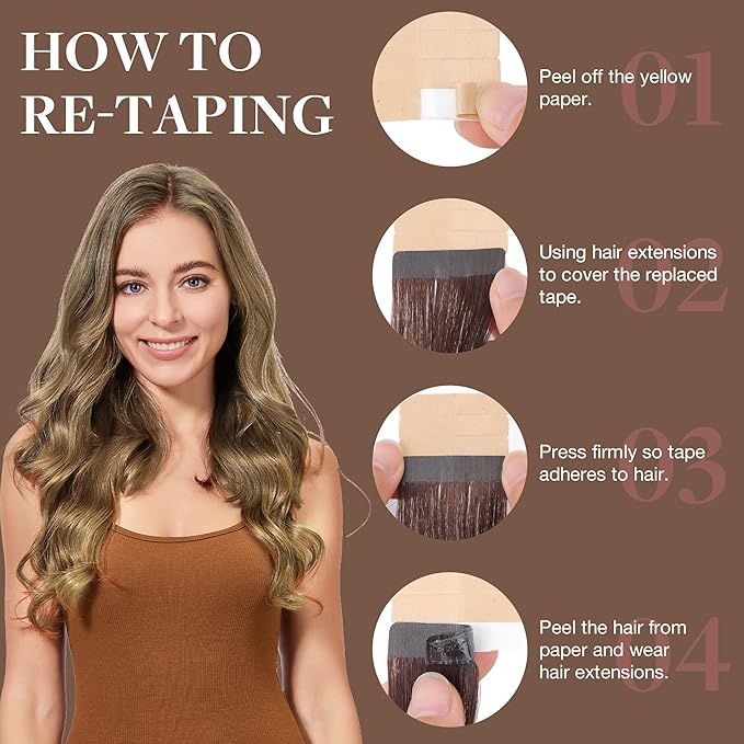 GOO GOO Tape in Hair Extensions Human Hair, 7 Bronde, 20inch 100g 40pcs, Skin Weft Seamless Invisible, Silky Straight with Thick Ends, Remy Human Hair