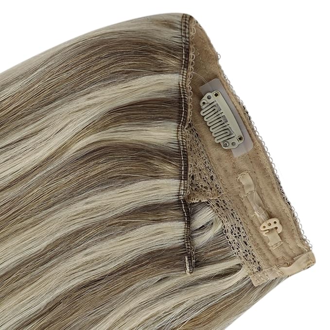YoungSee Wire Hair Extensions Human Hair Highlight Hair Extensions Wire Light Brown Highlights Blonde Fish Line Hair Extension Real Human Hair for Women 16In 80G
