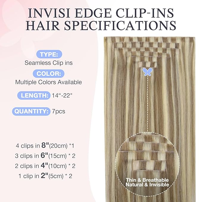 DOORES Invisi Edge Clip in Hair Extensions 22 inch 150g 7pcs, Virgin Invisible Seamless Clip in Extension Real Human Hair Injected Clipins Straight, P8/60 Light Brown Highlighted Medium Blonde