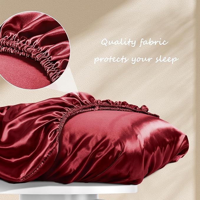 Manyshofu Satin Pillowcases for Hair Protection - 2Pcs Maroon Pillow Cases, Elastic Band Standard & Queen Satin Pillowcases Luxury Silky Pillow Cases Travel Pillow Covers, MSF2402010590