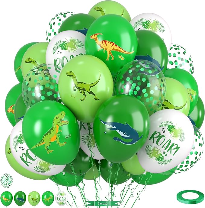 Dinosaur Balloons, 12 Inch Dark Fruit Light Green White Dinosaur Printed Latex by Saxuxu