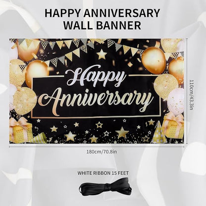 Happy Anniversary Backdrop Banner, 6ft x 3.6ft Black Gold Anniversary Party - Image 2