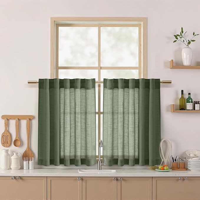 Olive Green Linen Curtains 30 Inch Length Short Kitchen, Semi Sheer Boho Cafe by Nanspring