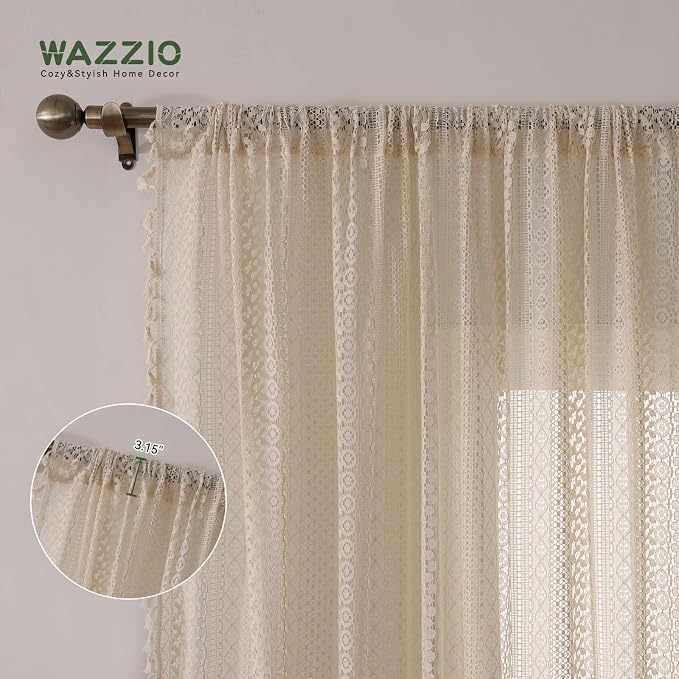 WAZZIO Boho Lace Curtains 80 Inches 2 Panel, Light Filtering Privacy Tassel & - Image 6
