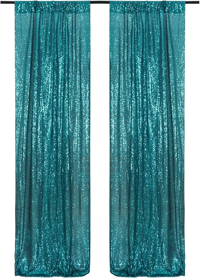 Poise3EHome 2Pcs 2Ft x 8Ft Teal Sequin Backdrop Curtains, Glitter Photography - Image 2