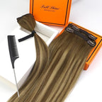 Full Shine Real Hair Extensions Clip in Human Hair Brown Clip in Hair Extensions Brown with Light Brown Balayage Hair Extensions Remy Hair for Women 14 Inch 3 Pcs 60 Grams