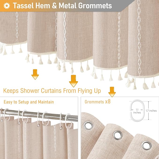 48 x 72 Boho Linen Heavy Duty Cloth Shower Curtain Set, Tan/Taupe | Stall Size - Image 5