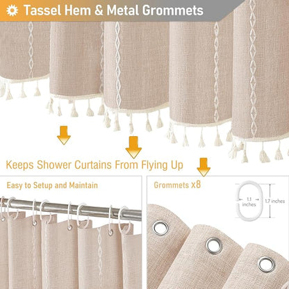 48 x 72 Boho Linen Heavy Duty Cloth Shower Curtain Set, Tan/Taupe | Stall Size - Image 5