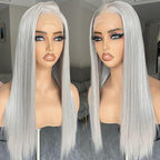 BLL Grey Lace Front Wig, 13x4 Silver Synthetic Wig Pre Plucked Small Knots Ready to Wear Long Straight Gray Glueless Wigs For Black Women Natural Density 26inch Suitable For Daily Party Wear