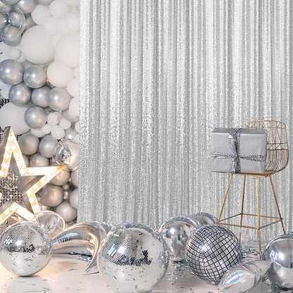 2×8FT-2PCS Silver Sequin Backdrop Curtains Panels, Photography Backdrop Glitter - Image 4