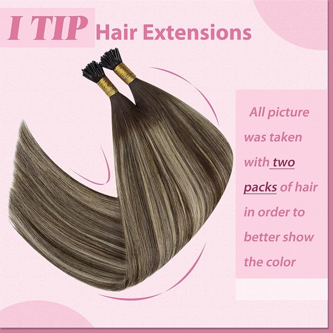 YoungSee I Tip Hair Extensions Balayage I Tip Extensions Brown Ombre Dark Brown with Ash Blonde Itips Real Human Hair Extension Itips Brown Hair Extension 14Inch 50g 80s Cold Fusion Hair Extension