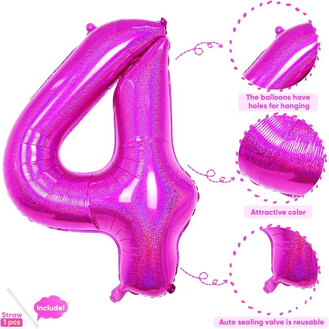 Hot Pink 4 Balloon, 40 Inch Large Laser Hot Pink Foil Helium Number Balloons 0-9 - Image 3