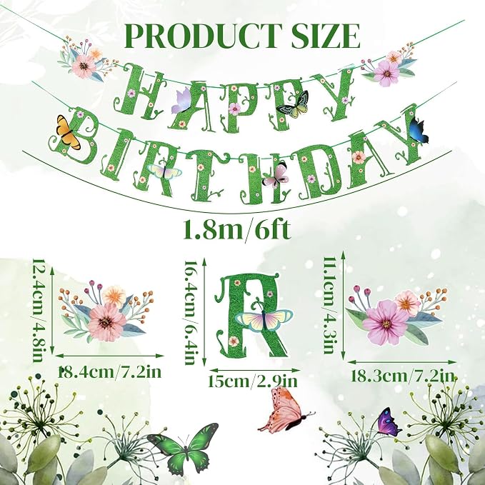 SUNBEAUTY Wildflower Happy Birthday Banner Green Spring Butterfly Flowers Party - Image 3