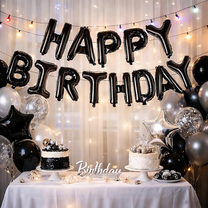 Black Happy Birthday Balloons Banner, 16 Inch Black Letters Aluminum Foil - Image 2