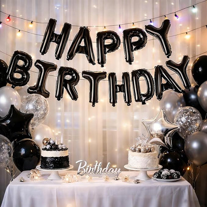 Black Happy Birthday Balloons Banner, 16 Inch Black Letters Aluminum Foil - Image 2
