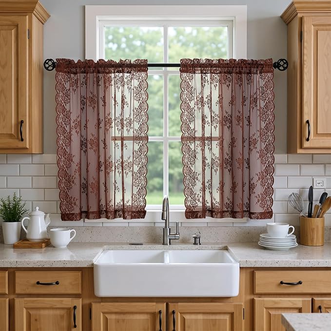 Kotile Warm Brown Sheer Kitchen Curtains Rustic Floral W42xL45 in, 2 Panels | by Kotile+Curtains