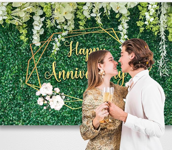 Happy Anniversary Banner Backdrop Decorations 7x5Ft | Green Leaves Wall Wedding - Image 2