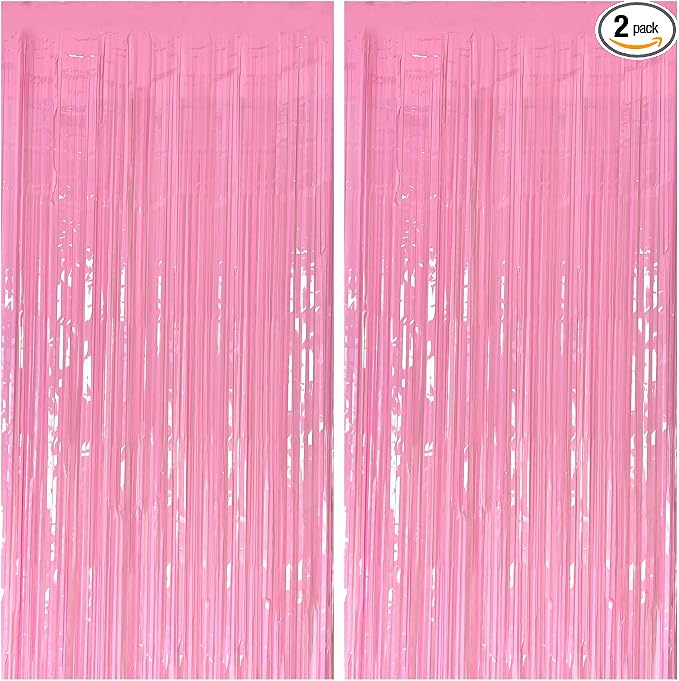 2 Pack Foil Curtain Pink Backdrop Streamers Metallic Tinsel Fringe Curtains by KEJ