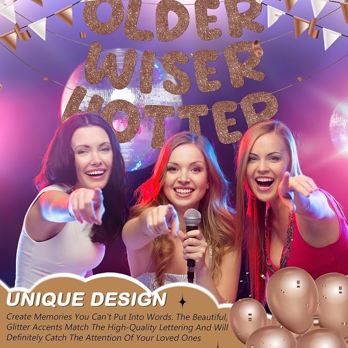 Fulmoon Set of 3 Pre Strung Older Wiser Hotter Glitter Banner Funny Birthday - Image 5