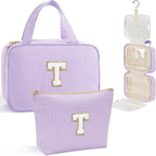 YOOLIFE Hanging Toiletry Bag for Women - Travel Toiletry Bag Makeup Bag, Portable Toiletries Cosmetic Bag, Airplane Travel Essentials - Letter T, Purple