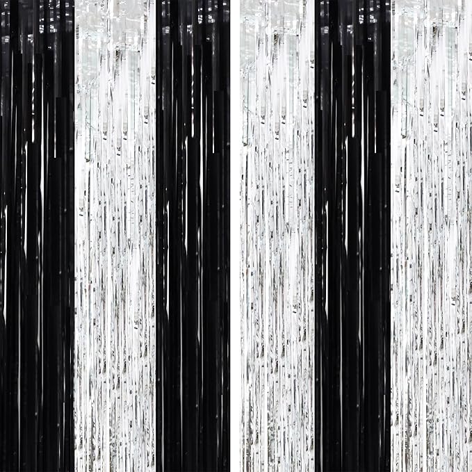 Voircoloria Black Silver Foil Fringe Backdrop Curtains, 2 Pack | Tinsel by Voircoloria